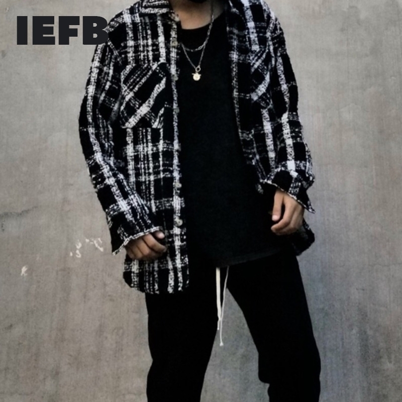 IEFB /Vintage men's cltohing tide new black white striped printting Woolen Shirt for Male famale Oversize loose tops 9Y2822 210410