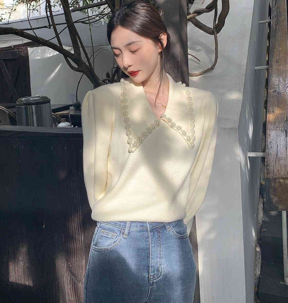 Vintage Sweater Women Sweet Peter Pan Collar Beading Office Lady Korean Fashion Elegant Casual Long Sleeve Chic Knitted Sweaters 210519