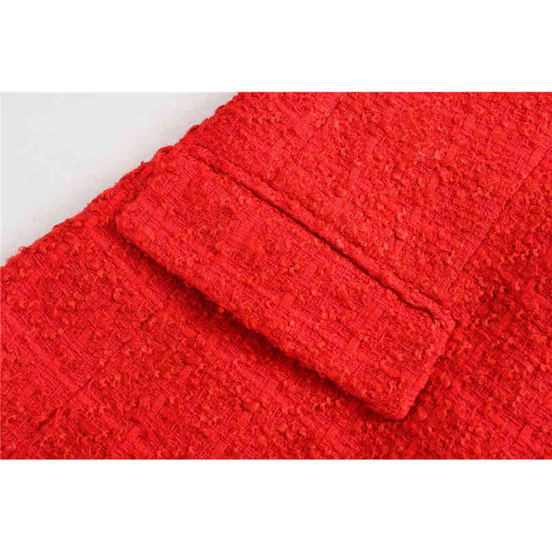 Evfer Fashion Women Double Breasted Long Sleeve Za Red Tweed Slim Blazer Outwear Chic Lady Casual Pockets Thick Jackets 210421