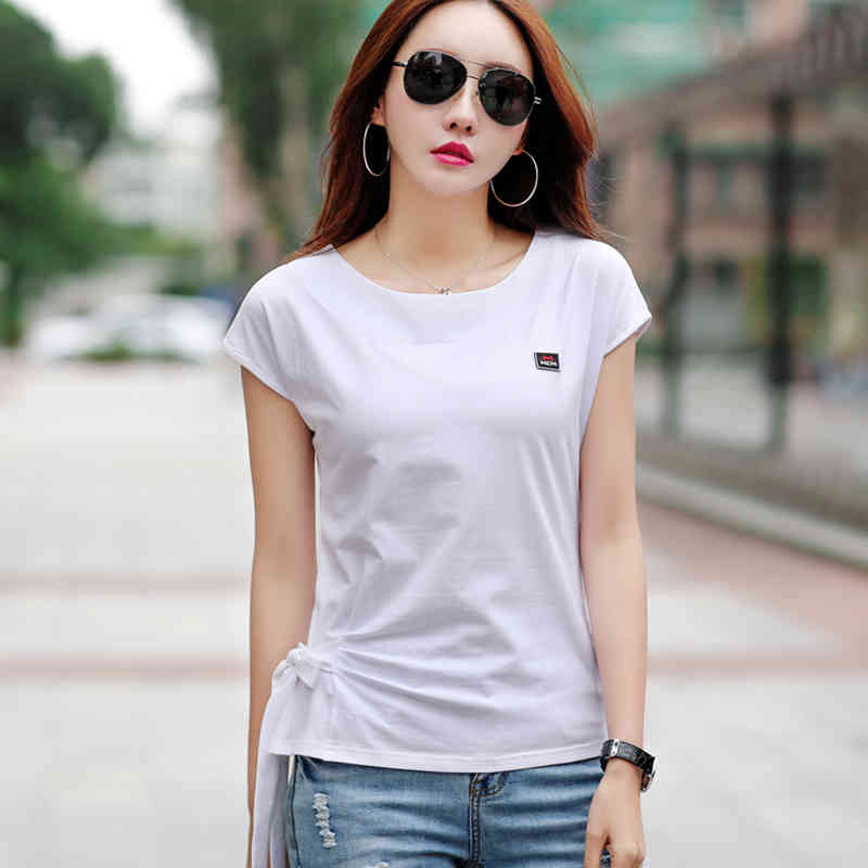 Ropa Moda Mujer Summer Cotton White T Shirt Bow Femme Korean Fashion Tops Tee Shirt Women Tshirt Batwing Sleeve Clothing 210406