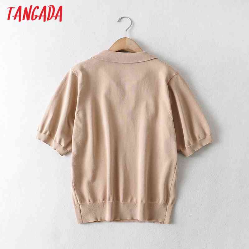 Women Fashion Khaki Knitted Sweater Jumper Short Sleeve Summer Female Pullovers Chic Tops AI48 210416