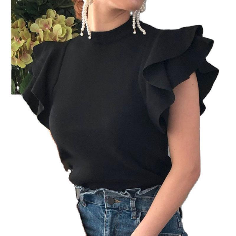 Summer Autumn Knitted Tops Women Short Ruffle Sleeve Sweater Korean Femme Chic Jumper Clothing Outwears 210422