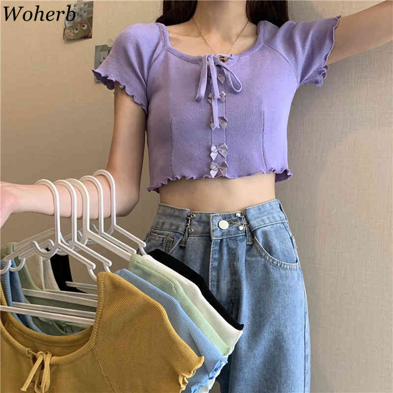 Short Sleeve Crop Top Women Thin Knitwear T-shirt Korean Chic Bow Bandage T Shirts Loose All Match Stylish Tee Tops 210422