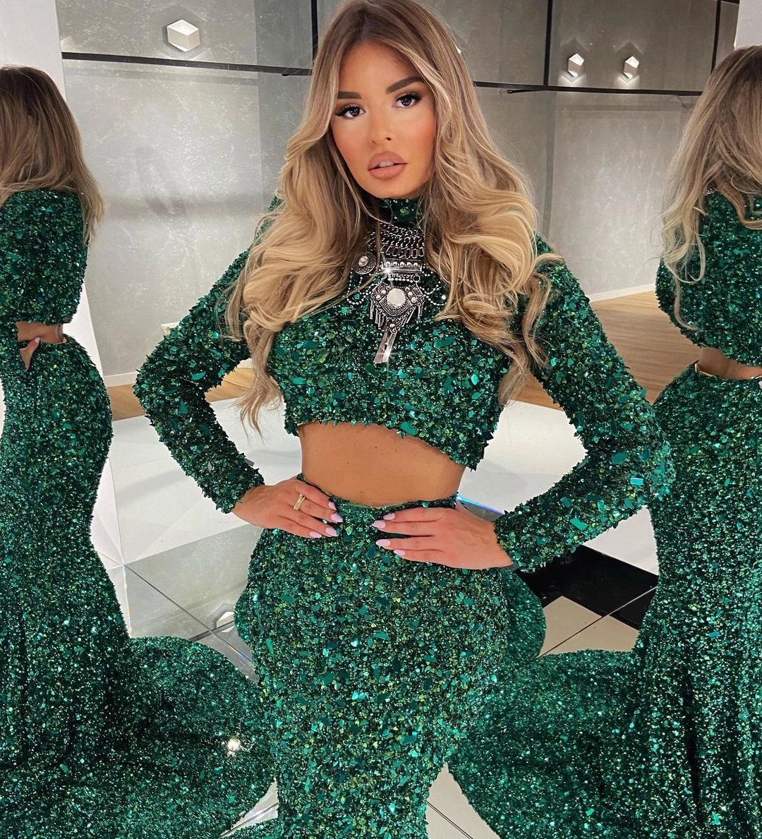 Glitter Hunter Green Sequins Prom Dresses Two Pieces Sleeves Mermaid Long Party Dress Women Elegant Pageant Gowns Customized 322