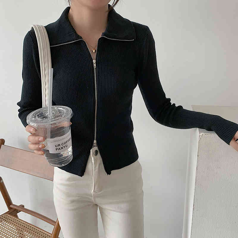 Long Sleeve Solid Women Vintage Sweater Autumn Korean-Style Knitted Zip Cardigan Stripe Woolen Korean Top 2001C 210420