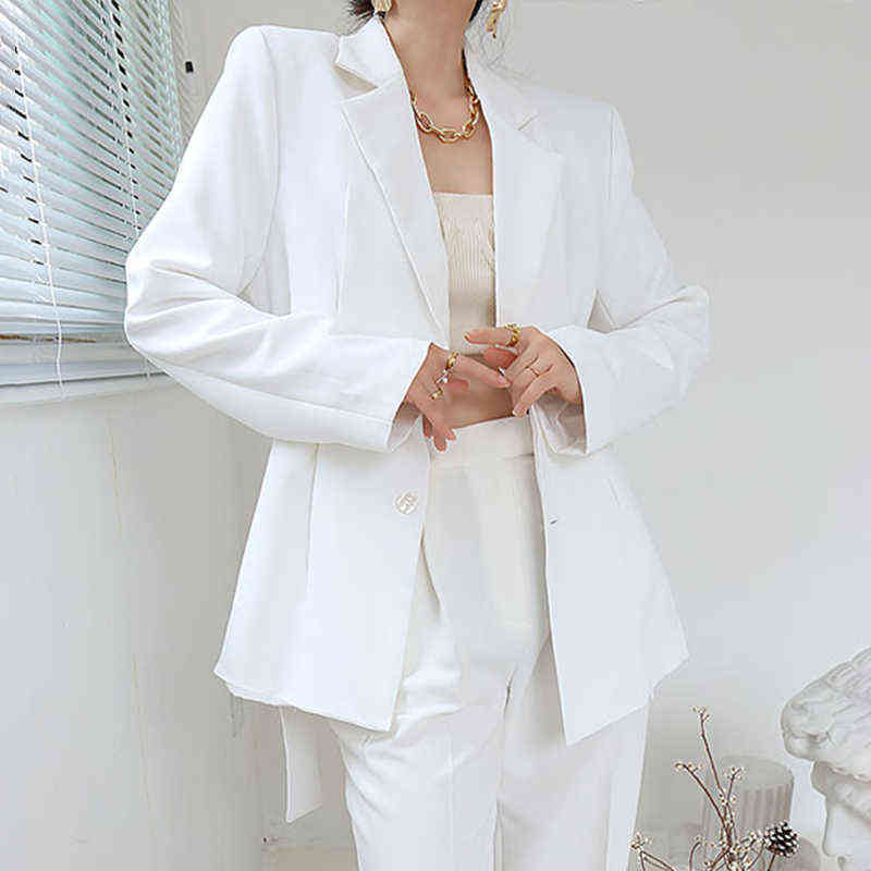 TWOTWINSTYLE White Minimalist Blazer For Women Notched Long Sleeve Sashes Elegant Blazers Female Fashion Clothing 211120