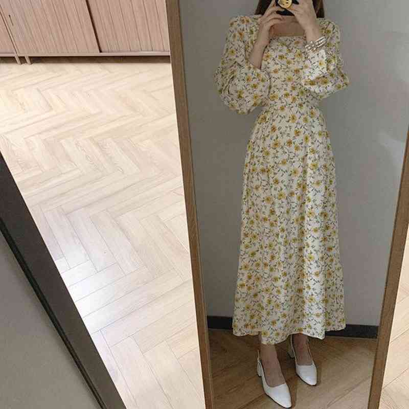 Summer Floral Print Women Dress Square Collar Puff Sleeve Slim Waist Female Dresses Elegant Vestidos Femme Robe 210519