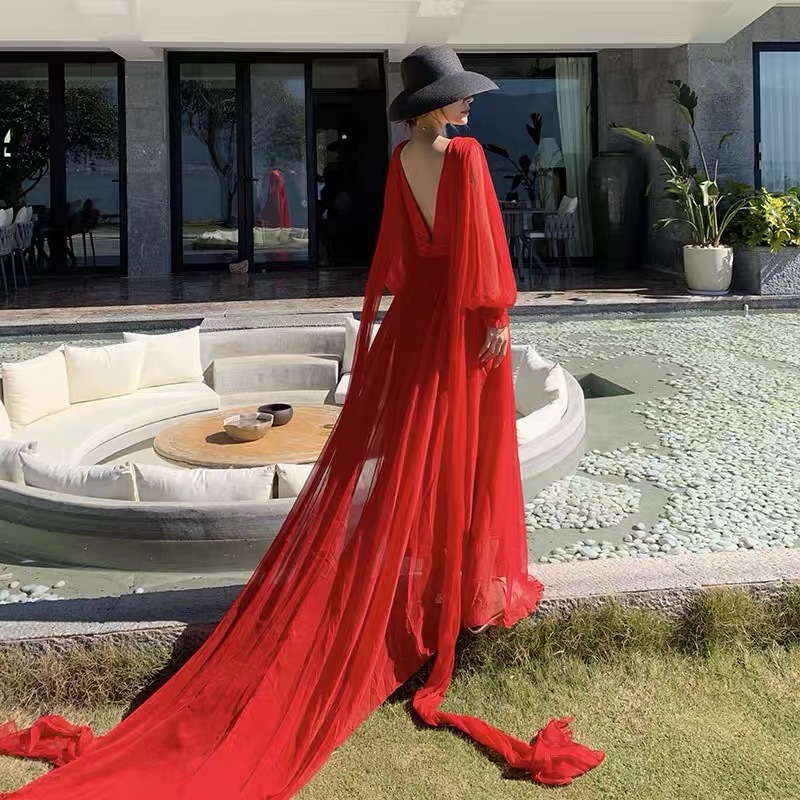 Floor-Length Red Long Women Dress Chiffon Summer V-neck Lantern Sleeve Fit and Flare Party Dresses Elegant 210421