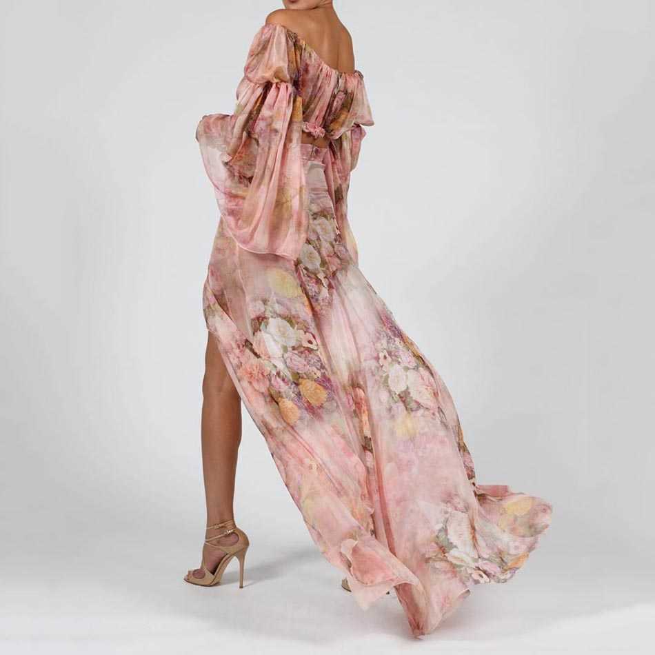Summer Sexy Print Two-Piece Women'S Off-Shoulder Long Lantern Sleeve Crop Top High Open Skirt Fashion Party Suit 210527