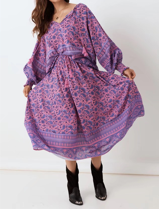 1 set BOHO Paisley Floral Print Long sleeve Shirt Ethnic Women Tassel Lacing up Mini Short Skirts Holiday Skirt sets Suits 210429