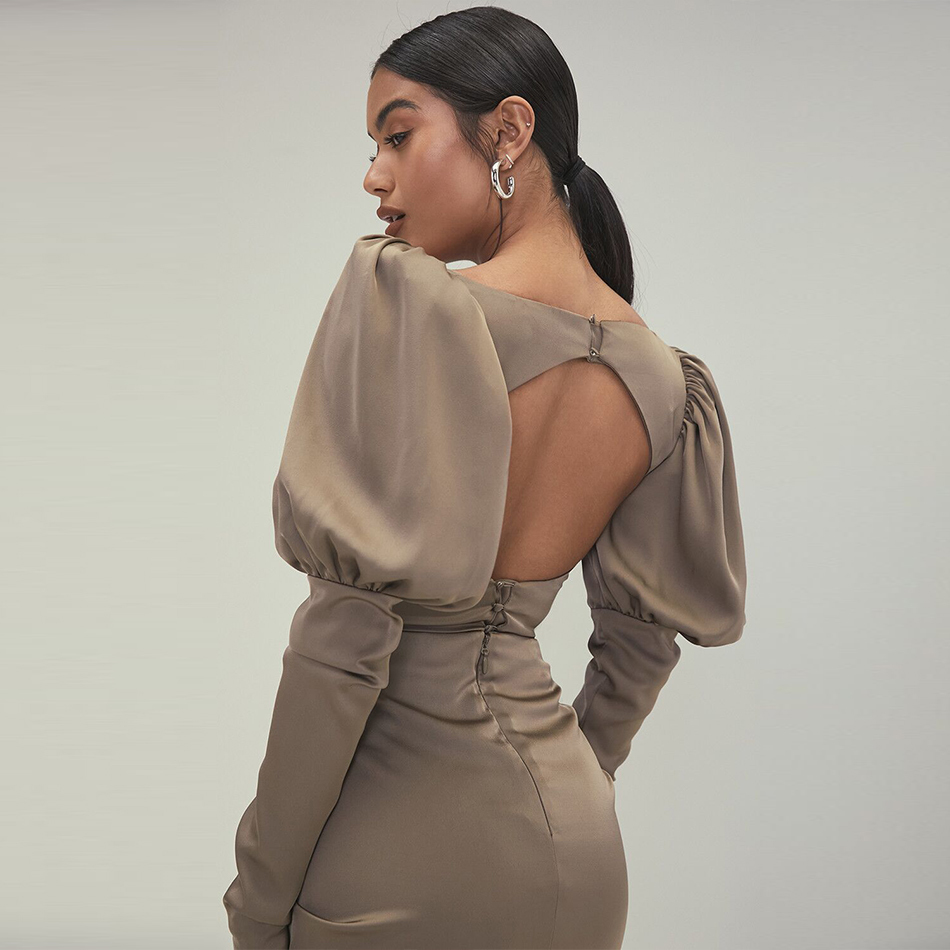 Summer Women Fashion Grey Long Sleeve Midi Dress Sexy V Neck Hollow Out Celebrity Evening Runway Club Party 210423