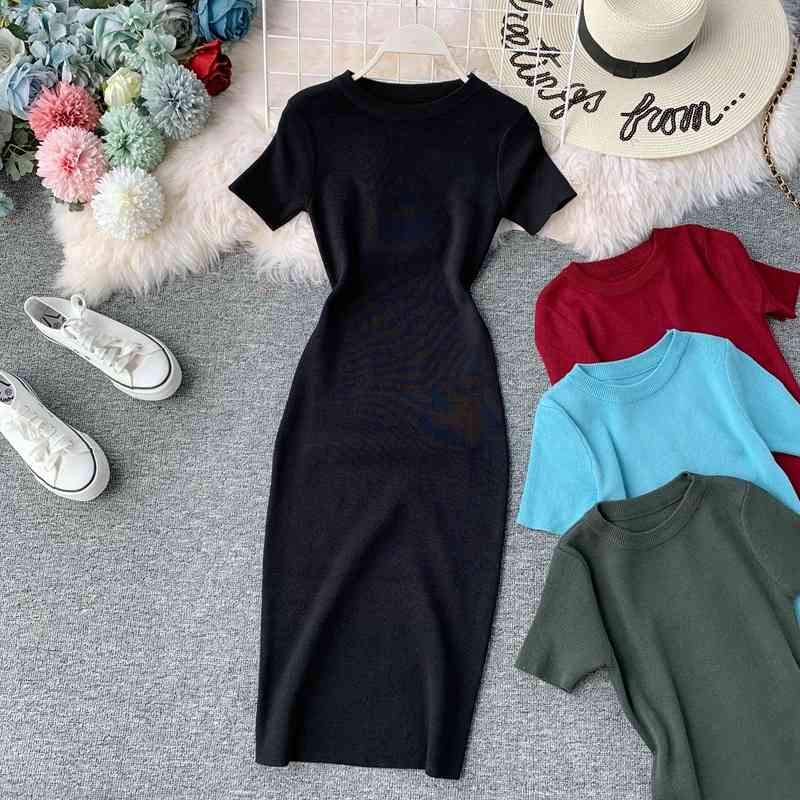 Korobov New Short Sleeve Solid Vintage Women Dress Korean Knit Stretch Waist Elegant Dresses O Neck Bodycon Vestidos 78956 210331Z