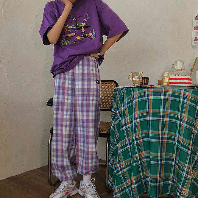 Jogger Pants Women Fashion purple Plaid Loose High Waist Female Trousers Track hip hop Harem pants Pockets Summer Streetwear 211115