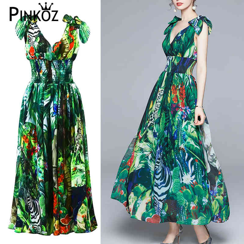 vintage tropical rainforest printed v-neck lace up high waist chiffon maxi dresses slim sleeveless bow party boho dress 210421