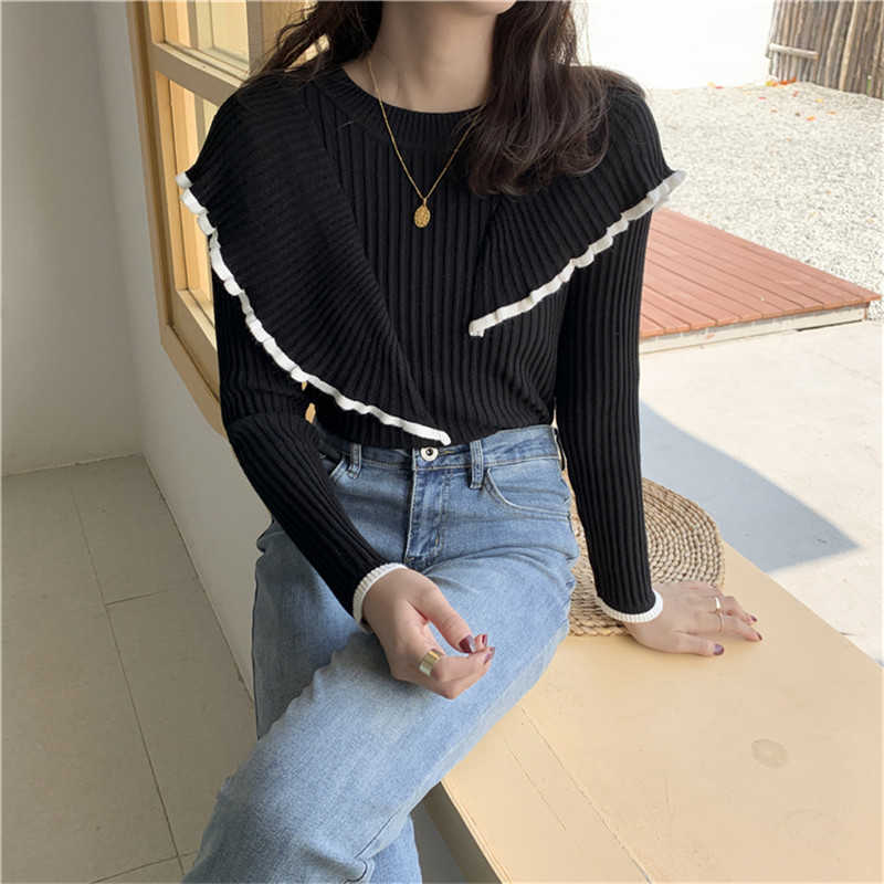 HziriP OL Basic Bottoming Knit Sweater Korean Style Flounced Stitching Pullover Sweaters Slim Warm Thick Knitted Tops 211018