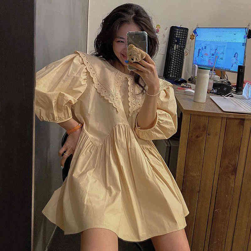 Nomikuma Korean Summer Woman Dress Peter Pan Collar Half Puff Sleeve Dresses Causal Bow Tie Backless Vestido De Mujer 6G666 210427