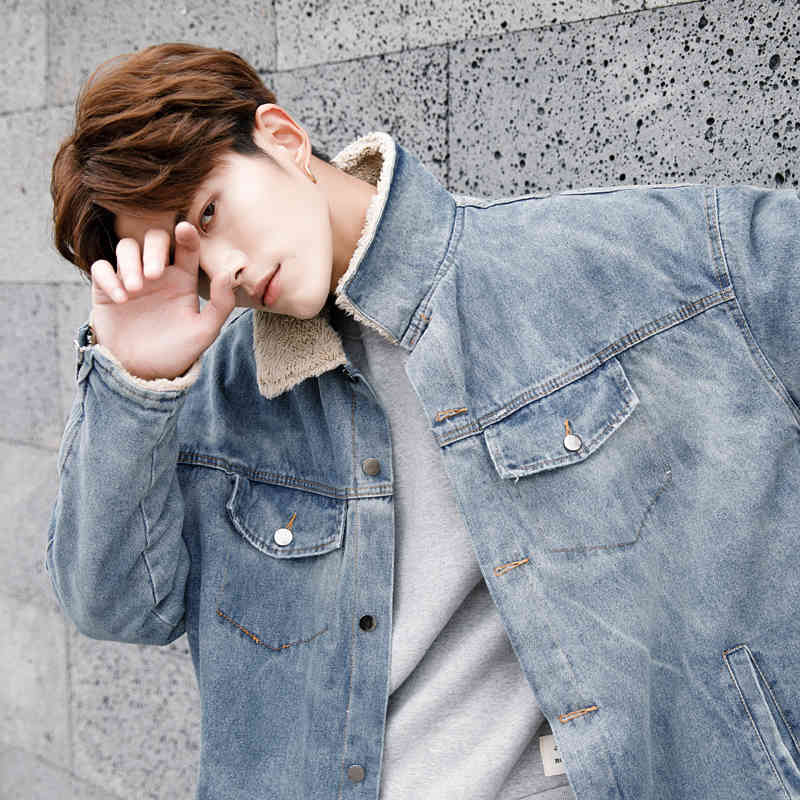 IEFB /men's wear patchwork furry lining warm denim cotton clothes male autumn winter mid-length lapel thickened coat 9Y3291 210524