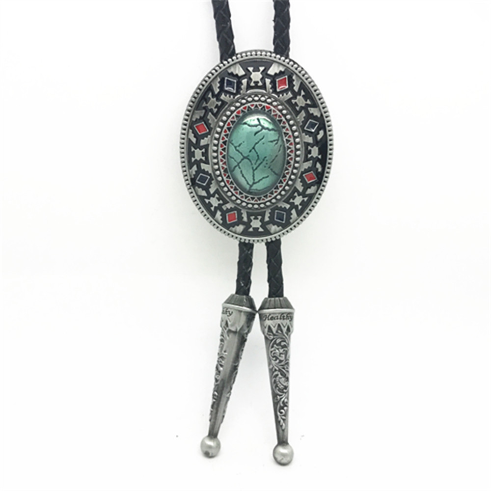 Handmade Southwest Totem Aquamarine Western Cowboy Bolo Tie for Shirt Necktie Metal Necklace Jewelry