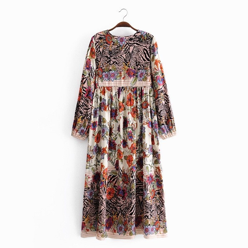 Autumn Boho Style Women's Positioning Vintage Floral Print Tassels Lace-Up Long Sleeve Dress Female Fashion 210514