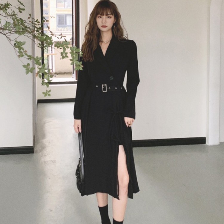 High Quality Women Black Office Ladies Sexy Split Dress Elegant Spring Notched Long Sleeve Casual Belted Midi Dresses Vestido 210519