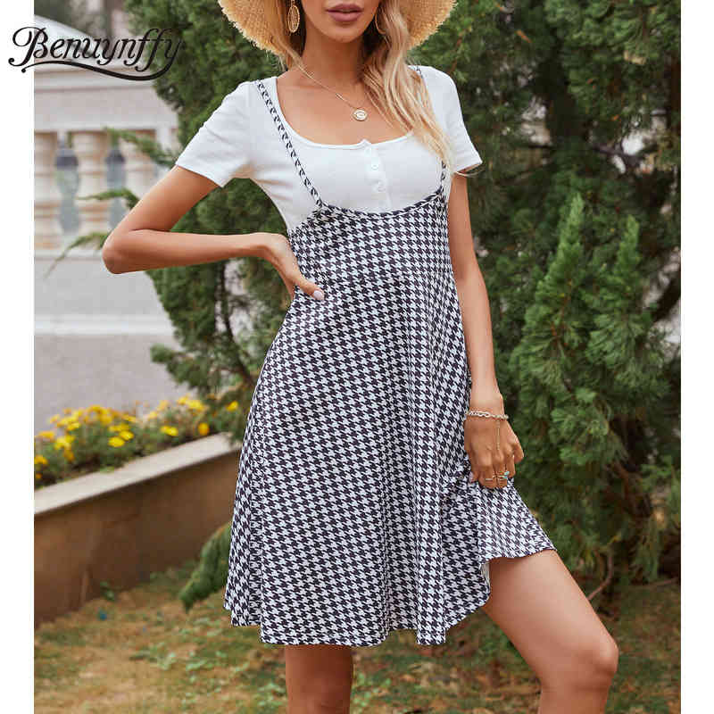 Spaghetti Strap Houndstooth Print Suspender Dresses Summer Sleeveless High Waist Women Black Short Flared Dress 210510