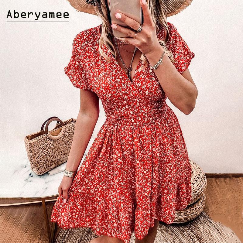Casual Dresses Aberyamee Orange Floral Dress Woman Summer Lace Up Styles Ruffled V Neck Sukienka Chic 2021 Fashion Hole Lady Mini Vestidos
