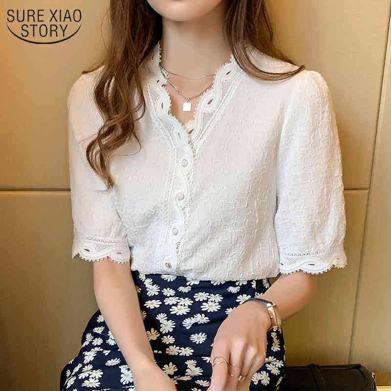 Vintage Puff Sleeve White V-Collar Chiffon Blouse Lace with Button Lady's Top Short Slim Cardigan Shirts Blusa 10051 210506