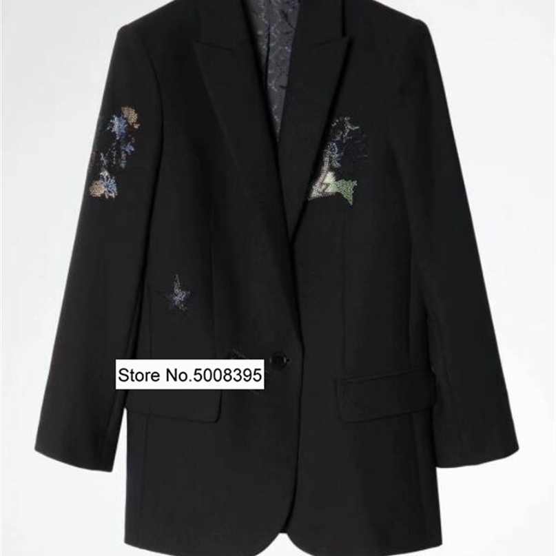 Woman Black Flowers Star Strass Decoration Blazer Single Button Long Sleeves Fashion Suit Coat SS 211122