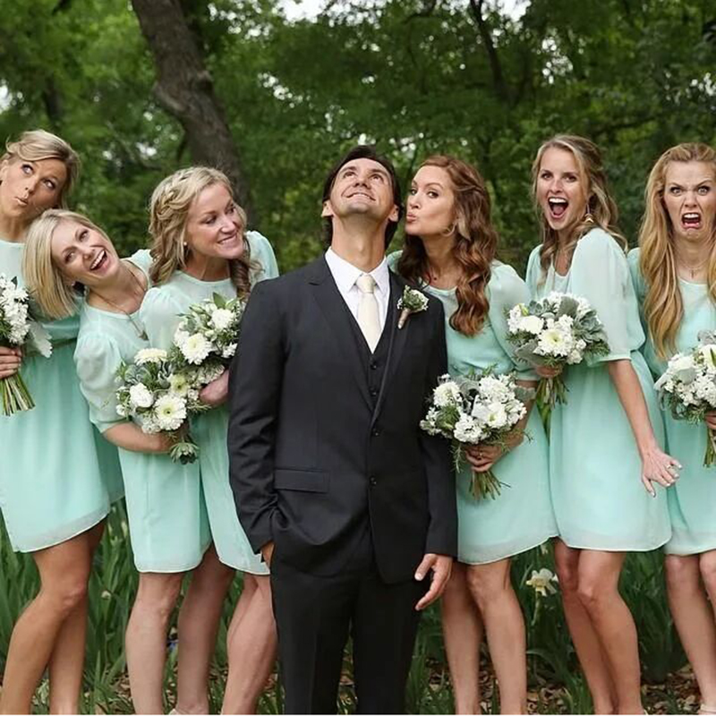 Mint Green Short Bridesmaid Dresses Half Sleeves Chiffon Spring Summer Garden Countryside Maid of Honor Gowns Wedding Guest Tailor Made Plus Size Avai