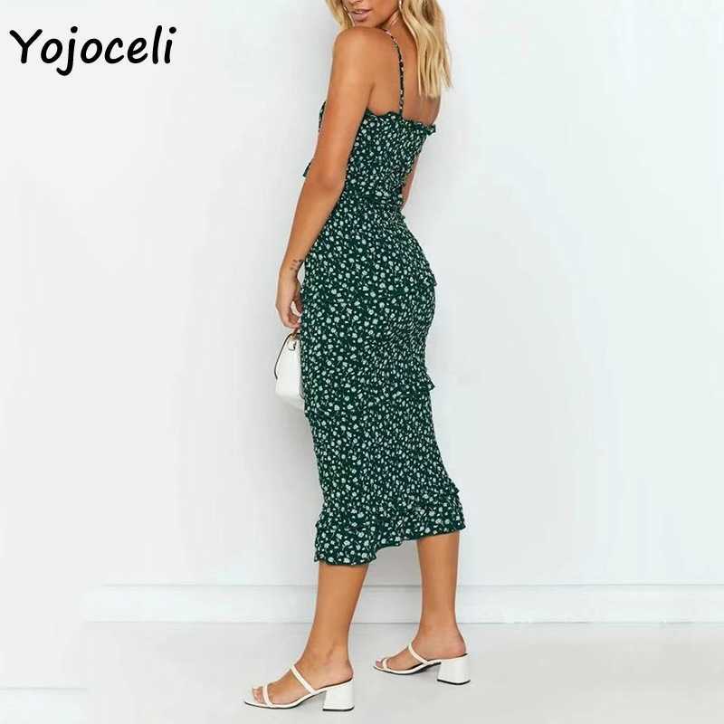 Yojoceli floral print ruffle dres bodycon mini shirred midi boho beach sun 210609
