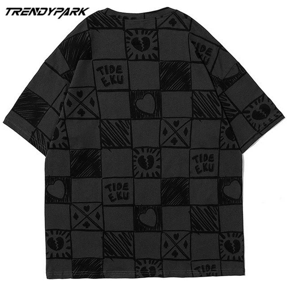 Men's T-shirt Hand Drawing Checked Plaid Summer Short Sleeve Printed Oversized Cotton Casual Harajuku Streetwear Top Tshirts 210601