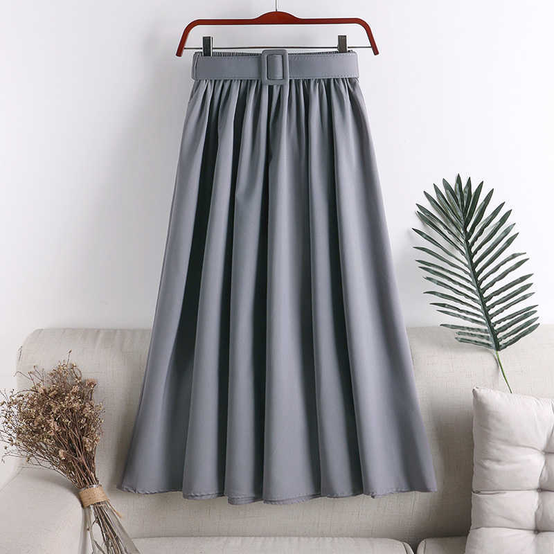 Surmiitro Midi Skirt Women With Belt For Spring Summer Ladies Korean Red Green Black Blue High Waist Long Female 210706