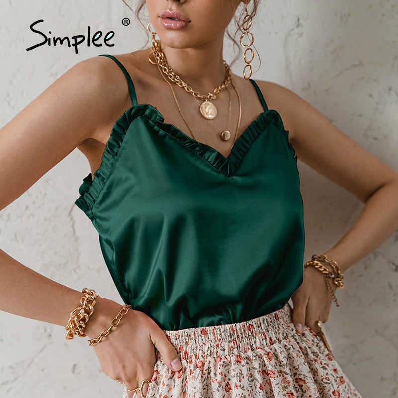 V-neck Sexy Satin ruffle Female Tanks Pink Loose Basic Sleeveless Office Lady Camis Fashion Women's Summer Sling Top 210625