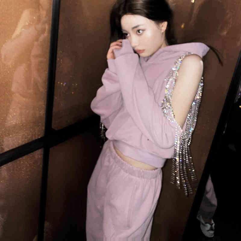 VGH Loose Patchwork Tassel Set For Women Hooded Collar Off Shoulder Tops High Waist Casual Pants Female Sets Spring Tide 210421