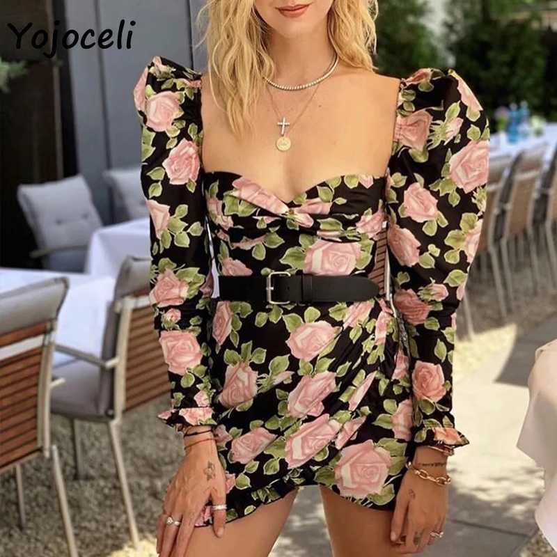 Yojoceli puff sleeve square neck mini dres floral print party club female vestidos 210609