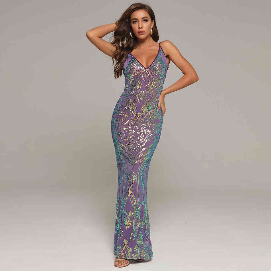 Summer Women Sequins V Neck Spaghetti Strap Sleeveless Dress Sexy Backless Club Evening Runway Party Maxi Dresses 210423