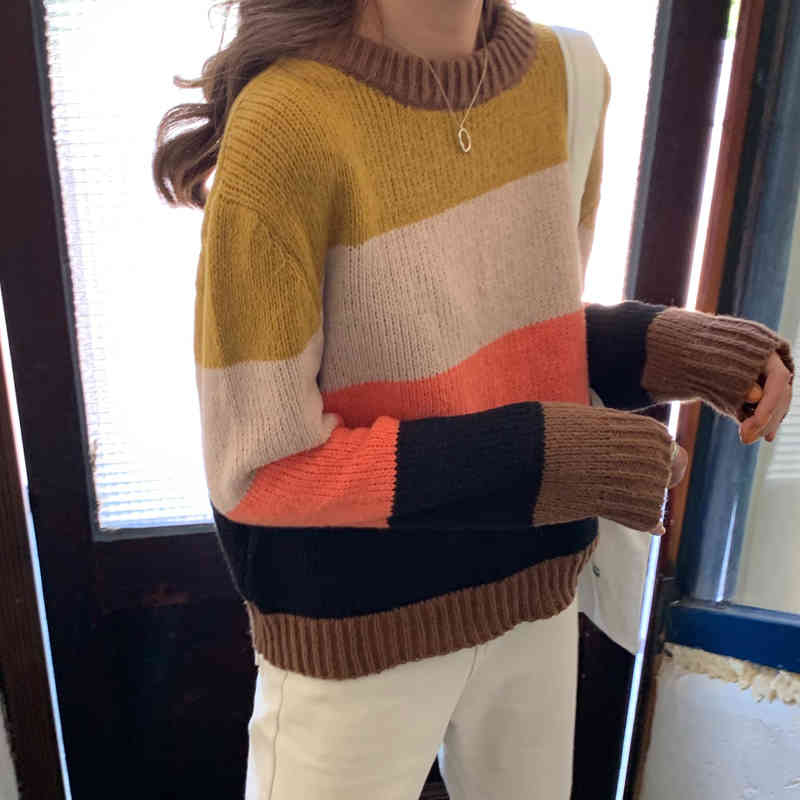 2Colors Autumn Winter Women Pullovers And Sweaters Jumper preppy style stripe thick Warm Female knitted Sweater (C8646) 210423
