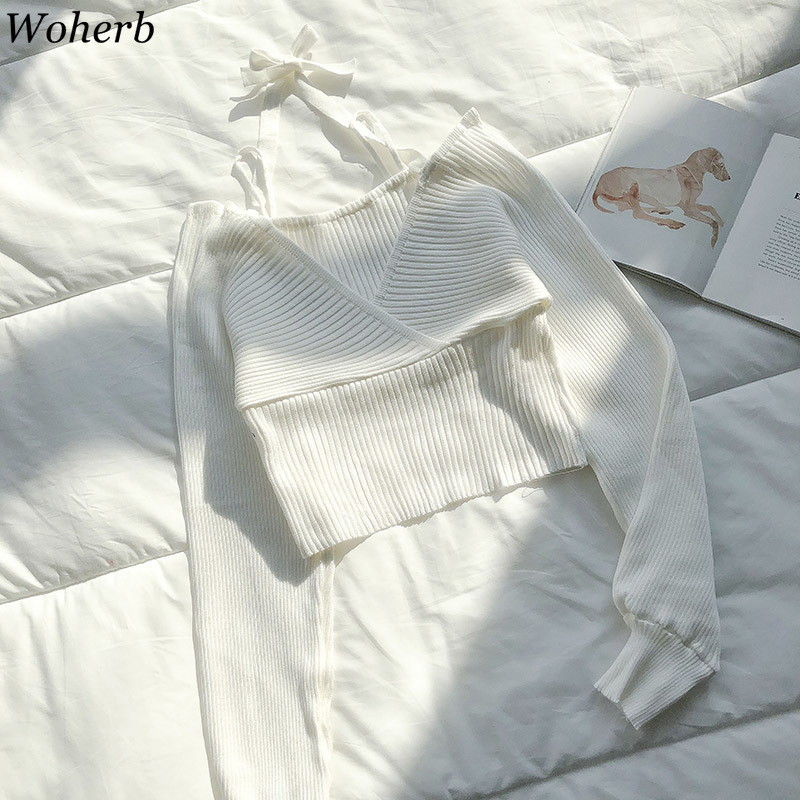 Woman Sweaters Chic Korean Crop Tops Sexy Lady Knitted Cropped Pullovers V-neck Lace Up Jumper Slim Fit Sueter Coat 4G625 210519