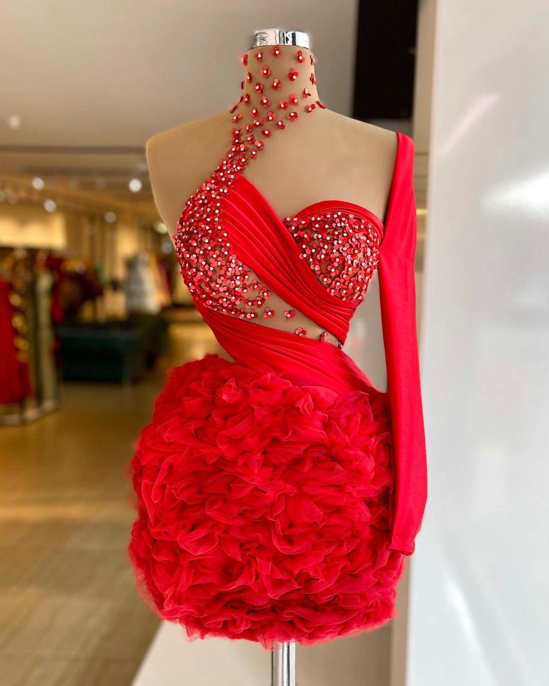 New Red Mini Mermaid Cocktail Dresses Beading Sheer High Neck One Shoulder Long Sleeve Lace Appliques Arabic Prom Evening Dress Gown Vestidos De Gala