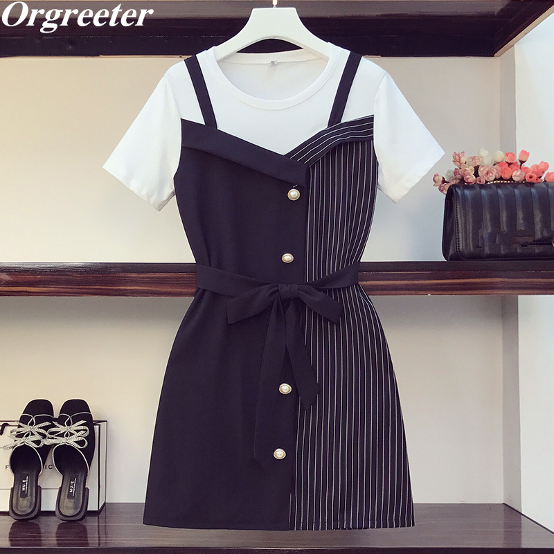 Summer Fashion Women's Fake two pieces Dress Short Sleeve Striped Patchwork Pearl Button Sahes Mini Elegant 210525, Black
Summer Fashion Women's Fake two pieces Dress Short Sleeve Striped Patchwork Pearl Button Sahes Mini Elegant 210525, Black