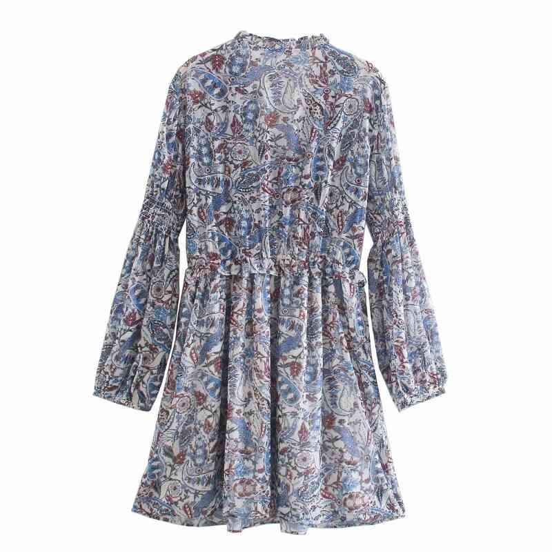 Women Paisley Printing V-Neck Ruffle Long Sleeve Mini Dress Casual Femme Loose Clothes Vestido D6606 210430Z
