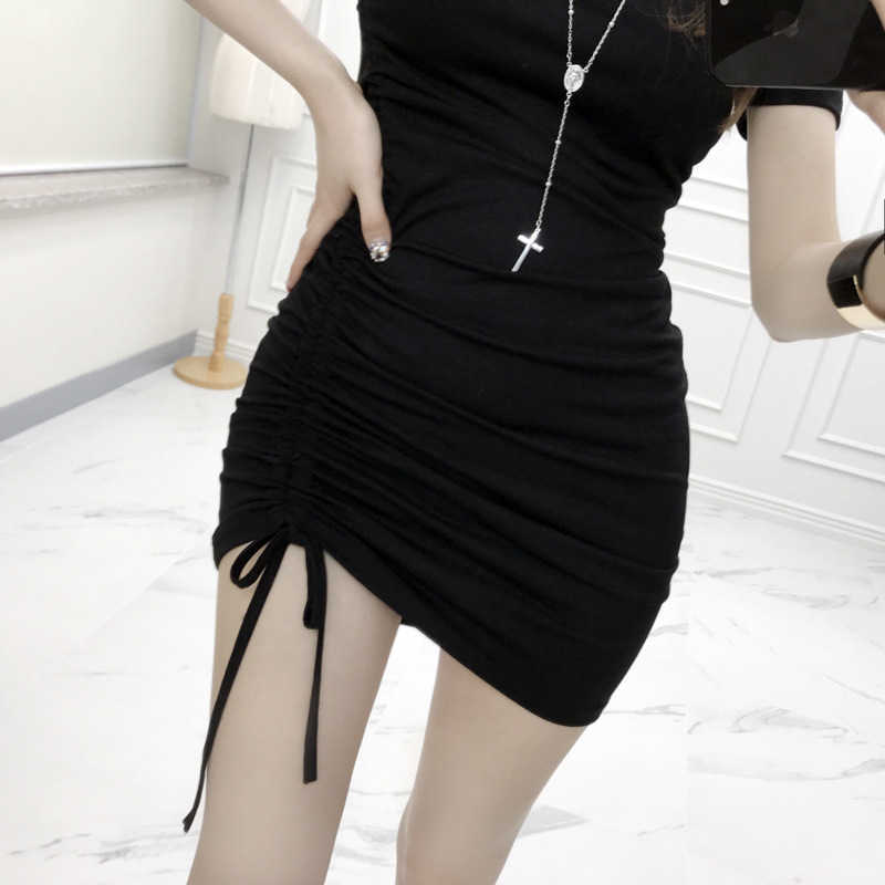 WOMENGAGA Korea summer thin drawstring dress Tight Sexy slim bag hip Sheath female mini dresses sexy tops Z8EL 210603