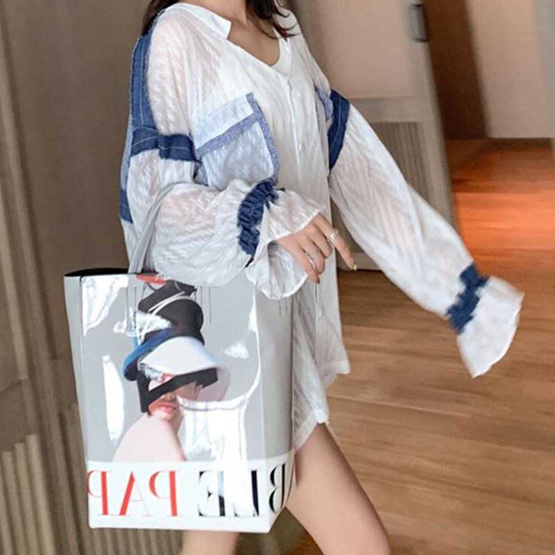Big Size Korean Spring/summer Casual Denim Stitching Shirt Women's Loose Chiffon Long-sleeved Thin 210615