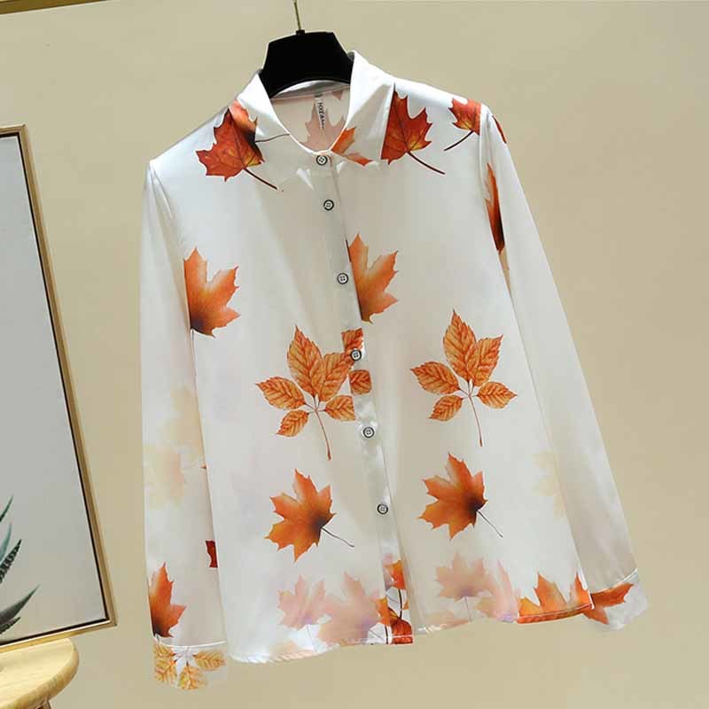 Plus Size Cardigan Autumn Fashion Maple Leaf Print Long Sleeve Blouse Women Korean Style Chiffon Tops Lapel Shirts Blusas 11514 210518