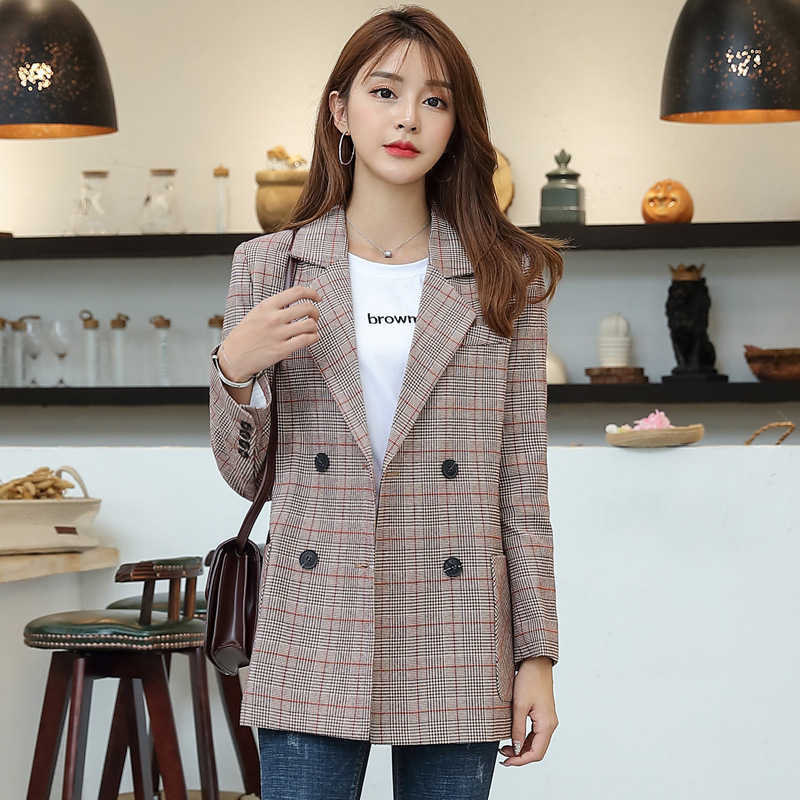 Temperament casual women's jacket plaid autumn and winter ladies blazer High quality double pocket office suit female 210527
Temperament casual women's jacket plaid autumn and winter ladies blazer High quality double pocket office suit female 210527