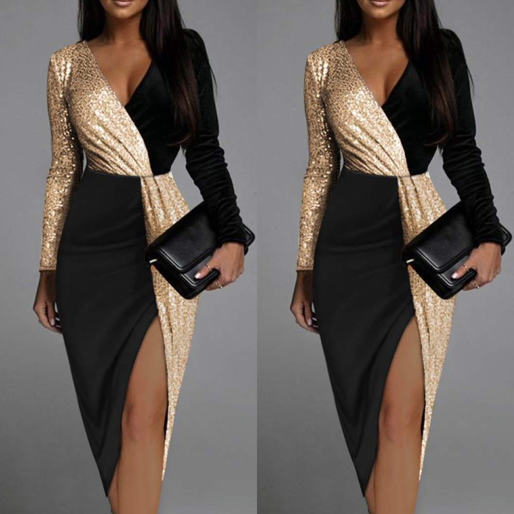 Glod Black Sequined Prom Dresses Sexy V Neck Side Split Evening Gowns Slim Long Sleeve Women Special Occasion Dresses
