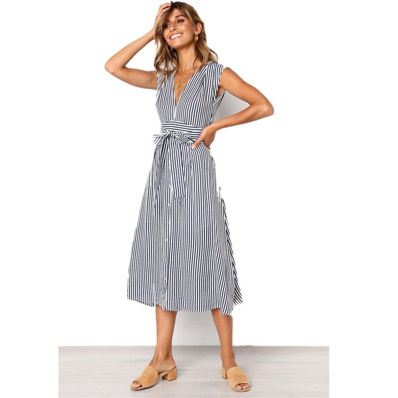 Summer Dress Women Sleeveless Casual Stripe Dresses V Neck Bangage Midi Female Knee Length Vintage Sundress For Lady