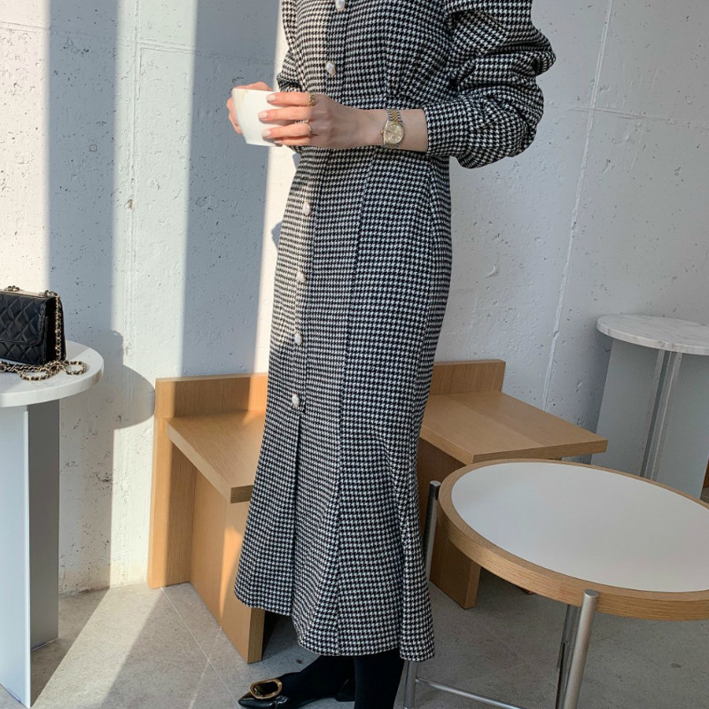 Neploe Korean Elegant Woman Dress Peter Pan Collar Single Breasted Vestidos Slim Waist Temperament Plaid Maxi Dresses Women 210422