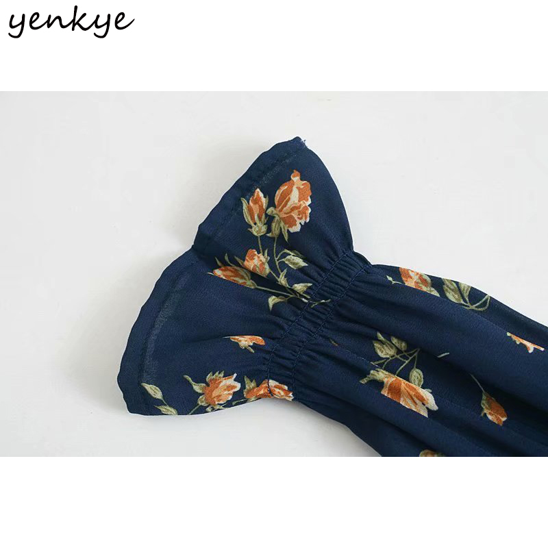 YENKYE Chiffon Summer Dress Women Vintage Prairie Chic Floral Print Dress Female V Neck Sexy Hem Slits A-line Midi Robe Femme 210515