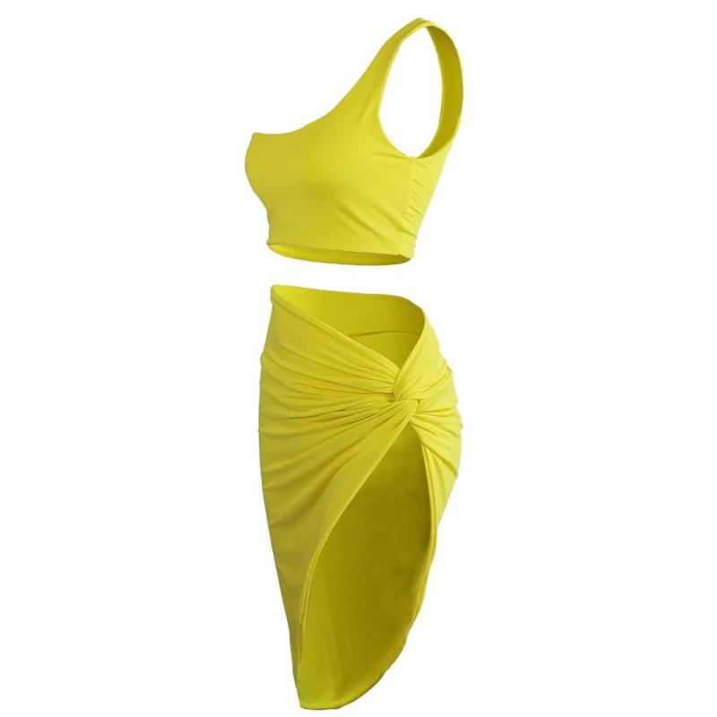Summer Neon Color Two Piece Set Dress For Women One Shoulder Tops Side Ruched High Split Bandange Vestidos